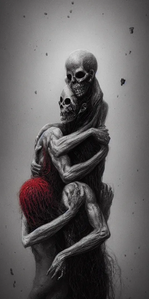 Image similar to death man and women hugging, in the style of keith thompson and zdzislaw beksinski, artstation hd, 8 k, surrealistic digital artwork