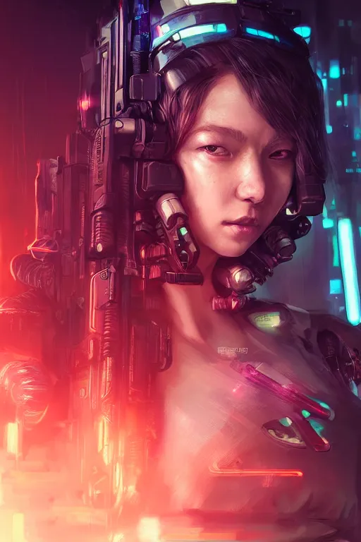 Image similar to beautiful portrait of a heavily armed cyborg mercenary girl, art by wlop and artgerm and liam wong, cyberpunk, neon, intricate details, trending on artstation, sharp focus, caustics, octane render, radiant light, 4 k