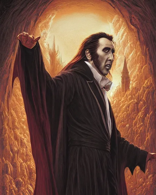 Image similar to nicolas cage as dracula, highly detailed, centered, artstation, concept art, smooth, sharp focus, illustration, bokeh art by artgerm and donato giancola and joseph christian leyendecker zdzisław beksinski