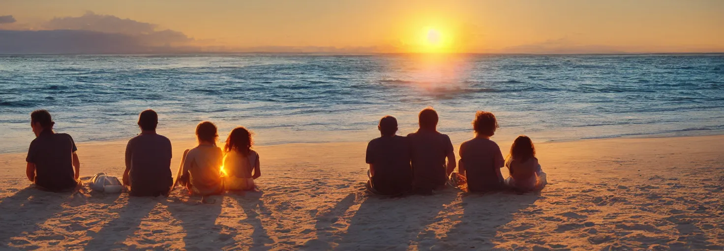 Prompt: a man, his daughter and his wife sitting on a white sand beach watching the sunset, highly detailed photograph high definition nef 8 k