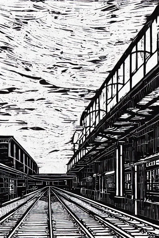 Image similar to a beautiful reduction linocut print on mulberry paper of york station platform, 8 k, frostbite 3 engine, cryengine, dof, trending on artstation, digital art, crepuscular ray, by gail brodholt