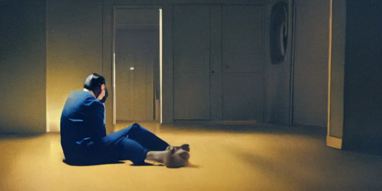 Image similar to photorealistic Cinematography of a man crying on the floor at night in a mid century modern apartment shot on film at magic hour in a room filled with volumetric haze by the shining Cinematographer john alcott on a cooke panchro 18mm lens .