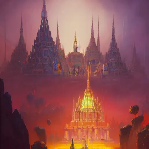 Image similar to grand palace temple for leader of galactic empire by peter mohrbacher, vivid colors, matte painting, 8K, concept art, mystical color scheme, trending on artstation