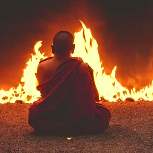 Prompt: a monk sitting while is burning and suffering