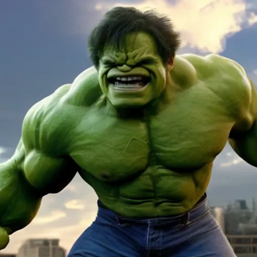 Image similar to Danny DeVito cast as The Hulk, still from marvel movie, hyperrealistic, 8k, Octane Render,