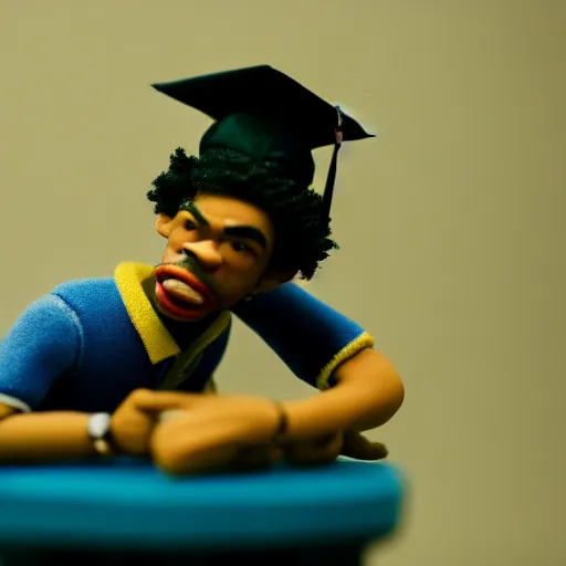 Image similar to a cinematic film still of a claymation stop motion film starring chance the rapper as a college student, shallow depth of field, 8 0 mm, f 1. 8