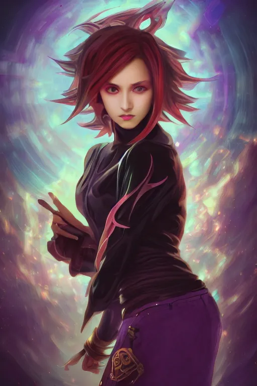 Image similar to YuGiOh, Black Magician Girl, digital painting, portrait, elegant, cinematic lighting, mysterious, highly detailed, artstation, concept art, illustration, smooth, sharp focus, editor's pickup, trending on artstation, trending on deviantart, alphonse mucha, WLOP