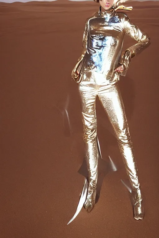 Prompt: portrait davis taylor brown dressed in 1 9 8 1 space fantasy fashion, avante garde, shiny metal, standing in a desert