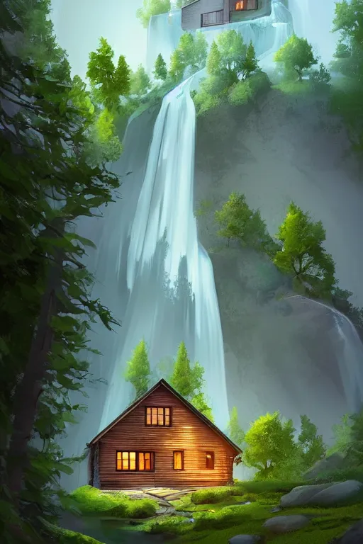 Image similar to scandinavian house in the forest on a hill, pixar, a waterfall flows down from the mountain in the background, vector art, fabulous, global illumination, warm lighting, by jordan grimmer