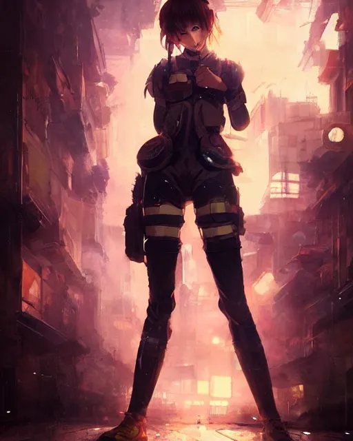 Image similar to full body portrait of anime girl in mechanic armor in night tokyo by greg rutkowski, perfect face, fine details