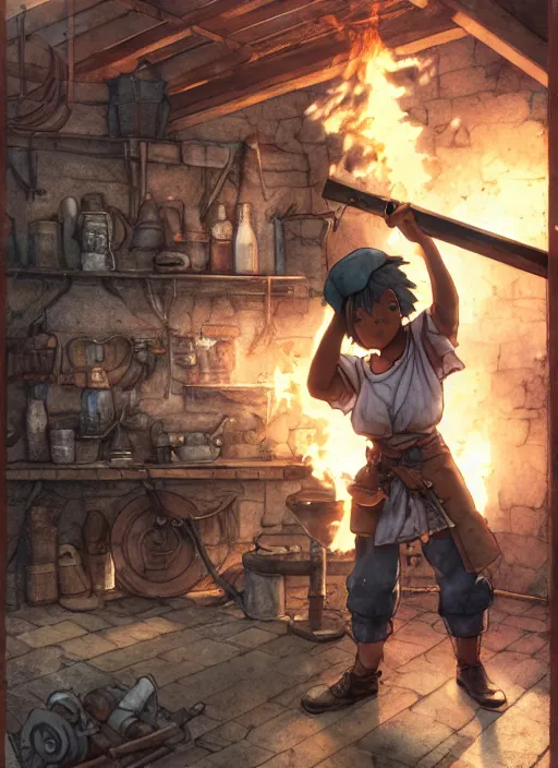 Image similar to character portrait of a blacksmith tomboy pounding a rod of hot iron on an anvil at the smithy, hidari, color page, tankoban, 4K, tone mapping, Akihiko Yoshida.