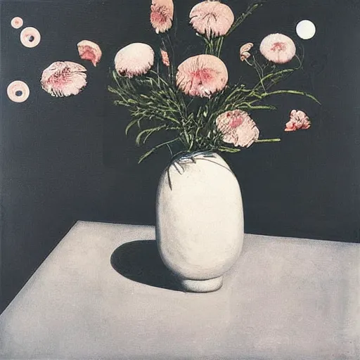 Image similar to “a portrait in an art student’s apartment, a vase in the shape of a feminine pig, pork, ikebana white flowers, white wax, squashed berries, acrylic and spray paint and oilstick on canvas, by munch and Dali”