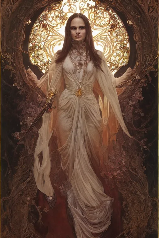 Image similar to natalie portman as queen of the undead, painted by nekro, alphonse mucha, dark - fantasy, intricate detail, artstation, cgsociety, rococo, gold leaf art