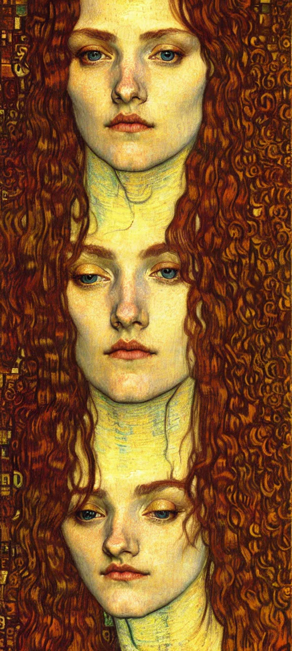 Image similar to detailed realistic beautiful young medieval queen face portrait by jean delville, gustav klimt and vincent van gogh, art nouveau, symbolist, visionary, gothic, pre - raphaelite, muted earthy colors, desaturated