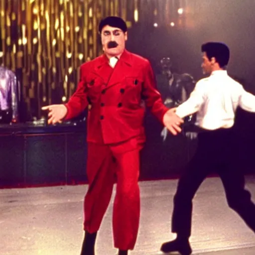 Image similar to A movie still of Hitler wearing a disco suit in Satuday Night Fever