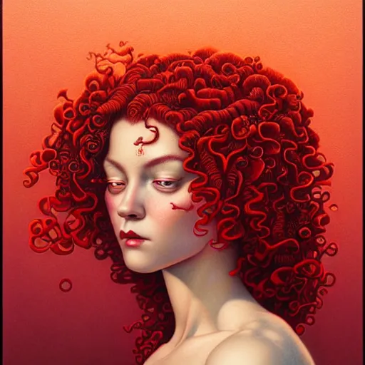 Prompt: beautiful ornate face of a woman with red curly hair poking out of water by Casey Weldon and Chie Yoshii, rich colors, intricate, elegant, highly detailed, centered, digital painting, artstation, concept art, smooth, sharp focus, illustration, octane render
