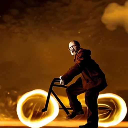 Prompt: photo of walter white riding a bike with an exploding building behind him, color, cinematic lighting