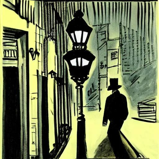 Image similar to a dark city street, streetlight, man walking, german expressionism