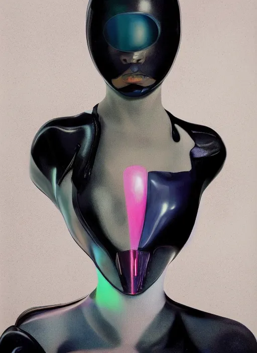 Image similar to futuristic lasers tracing, colorsmoke, leather fullbodysuit, pyramid hoodvisor, raindrops, wet, oiled, beautiful cyborg girl, by steven meisel, kaws, rolf armstrong, mondrian, kandinsky, perfect geometry abstract acrylic, octane hyperrealism photorealistic airbrush collage painting, dark monochrome, fluorescent colors, minimalist rule of thirds, eighties eros