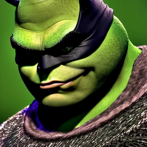 Image similar to shrek as batman, highly detailed, extremely high quality, hd, 4 k, 8 k, canon 3 0 0 mm, professional photographer, 4 0 mp, lifelike, top - rated, award winning, realistic, detailed lighting, detailed shadows, sharp, no blur, edited, corrected, trending