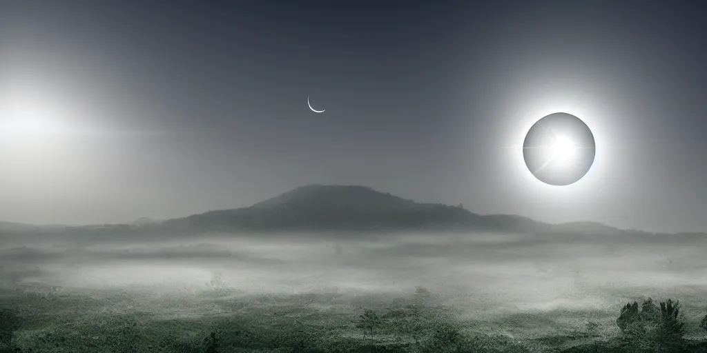 Image similar to solar eclipse, a triangular moon, sun rays, fog, photorealistic, calm environment