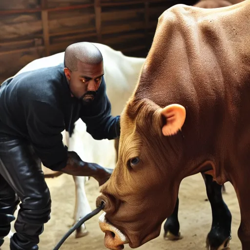 Image similar to kanye west milking a cow, ultra realistic, 8 k, ultra details, highly detailed face, sharp focus