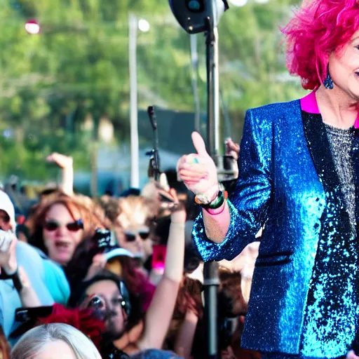 Prompt: susan sarandon with pink hair, wearing a vibrant pink sequin jacket, rapping on stage at a small outdoor concert