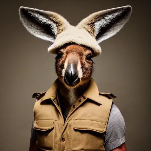 Image similar to a photo of a buff kangaroo wearing a safari hat and vest, studio photography, 8 k