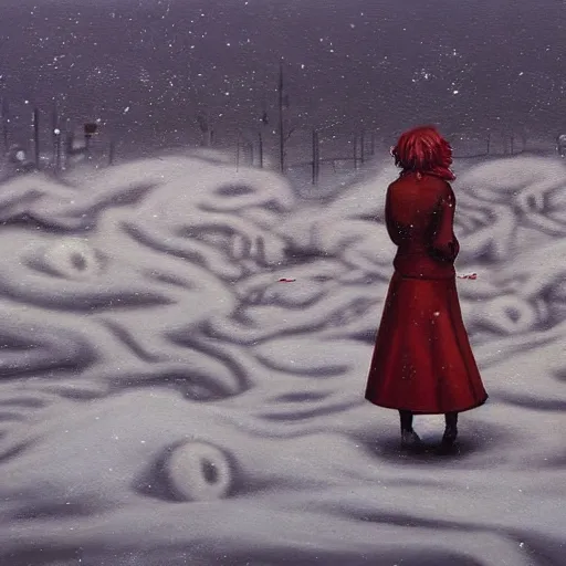 Image similar to a surrealist painting of a lonely woman with white skin and red hair standing over pile of bodies in post apocalyptic snowy landscape painted by beksinsk