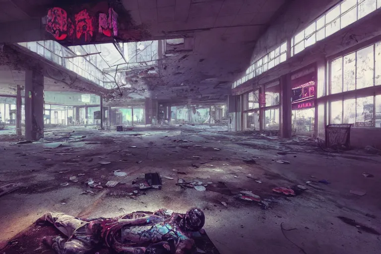 Image similar to low wide angle photo of a abandoned cyberpunk shopping mall with dead human on the floor, a team of soliders are in position, cinematic lightning, ray tracing, unreal engine, photorealistic, detailed, dark, moody, foggy, scary