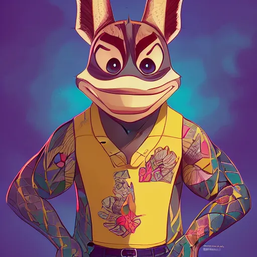 Image similar to in the style of artgerm, loish and ross tran, anthropomorphic alligator, symmetrical face, symmetrical eyes, red scales on his back, yellow scale on his belly and chest, male, waring a hawaiian shirt, in the style of zootopia