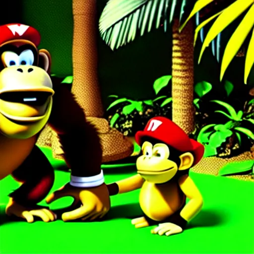 Image similar to Donkey Kong and Diddy Kong surrounded by tropical trees and barrels, 3D render