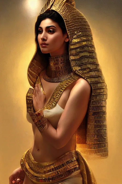 Image similar to Donia Samir Ghanem as egyptian princess, gorgeous, portrait, powerful, intricate, beautiful, masterpiece, elegant, volumetric lighting, digital painting, highly detailed, artstation, sharp focus, illustration, Hajime sorayama, ruan jia