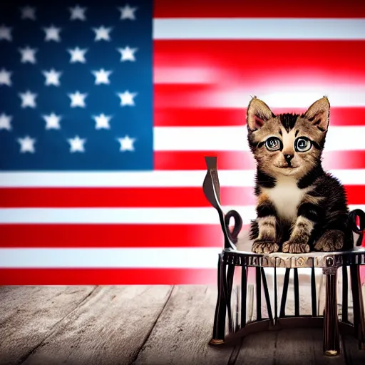 Image similar to burning kitten sitting on thrones of swords, lightning striking around, american flag in background