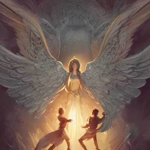 Image similar to angel protecting man, detailed intricate ink illustration, happy atmosphere, detailed illustration, hd, 4k, digital art, overdetailed art, by greg rutkowski, by loish, complementing colors, Trending on artstation, movie poster style