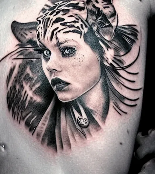 Image similar to tattoo design of a beautiful girl warrior with a tiger head above her, hyper realistic, realism tattoo, by eliot kohek, beautiful eyes, realistic face, black and white, white background