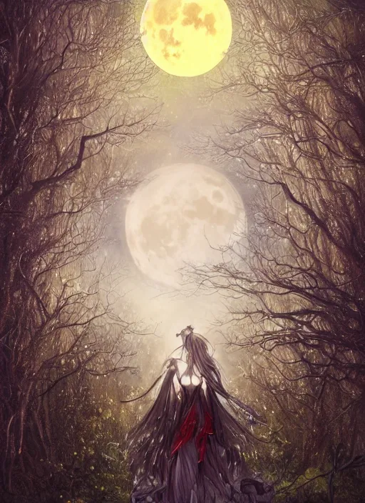 Image similar to glowing silver and golden elements, portrait, A beautiful dark witch in front of the full big moon, book cover, green forest, red white black colors, establishing shot, extremly high detail, foto realistic, cinematic lighting, pen and ink, intricate line drawings, by Yoshitaka Amano, Ruan Jia, Kentaro Miura, Artgerm, post processed, concept art, artstation, matte painting, style by eddie, raphael lacoste, alex ross