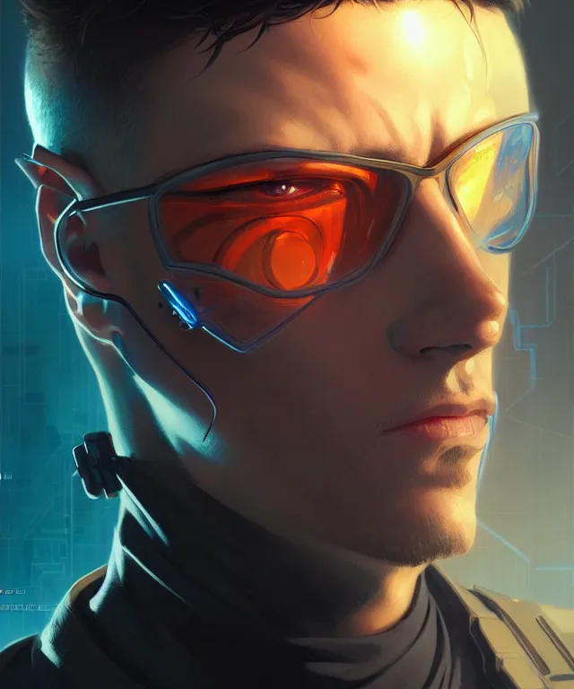 Image similar to Hacker cyberpunk man portrait, highly detailed, digital painting, artstation, concept art, smooth, sharp focus, illustration, art by artgerm and greg rutkowski and alphonse mucha