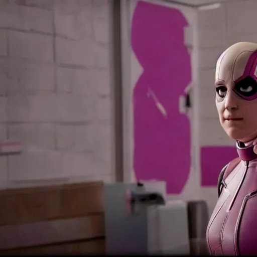 Image similar to A still of Shailene Woodley as Gwenpool in Deadpool 3 (2023), blonde hair with pink highlights, no mask, white and light-pink outfit