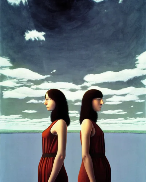 Image similar to twins, sisters, in the void, by the mirror, station, alex colville, otto mueller, stephen conroy, sandro botticelli, andrew newell wyeth, daniel maidman yussi picho octane rendering