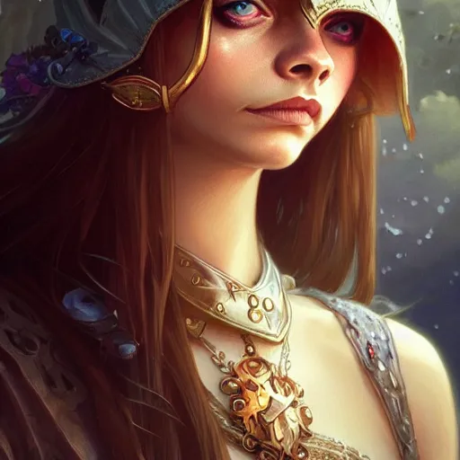 Image similar to Cara Delevingne, closeup, D&D, fantasy, intricate, elegant, highly detailed, digital painting, artstation, concept art, matte, sharp focus, illustration, hearthstone, art by Artgerm and Greg Rutkowski and Alphonse Mucha