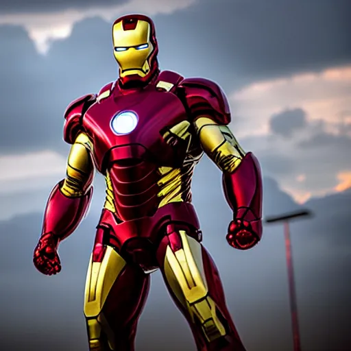 Image similar to arnold schwarzenegger as iron man, cinematic lighting, photorealistic