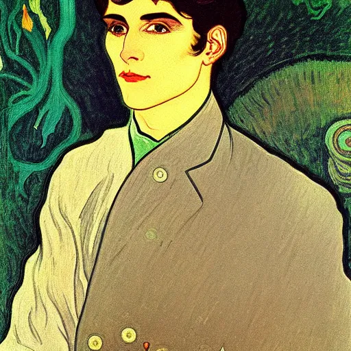 Prompt: painting of handsome beautiful dark haired man in his 2 0 s named shadow at the cucumber soup party, elegant, clear, painting, stylized, delicate, soft facial features, art, art by alphonse mucha, vincent van gogh, egon schiele,