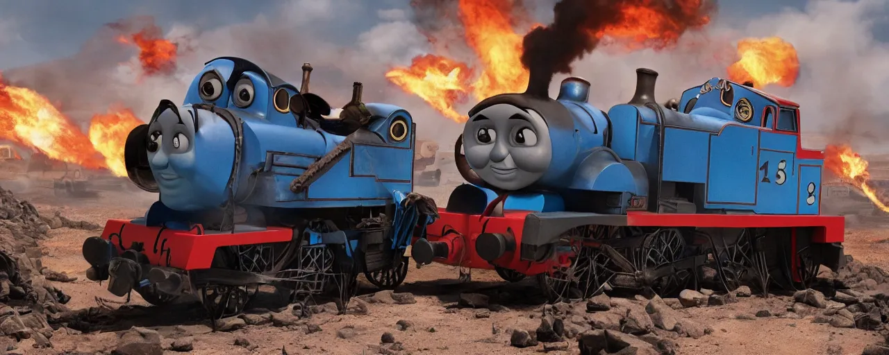 Image similar to Thomas the Tank Engine in the fiery Wasteland of MAD MAX: FURY ROAD