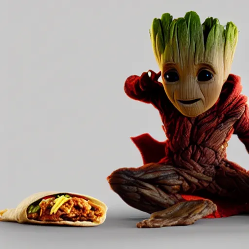 Image similar to Baby Groot eating a burrito while sitting on a soft red rug, hyperdetailed, artstation, cgsociety, 8k