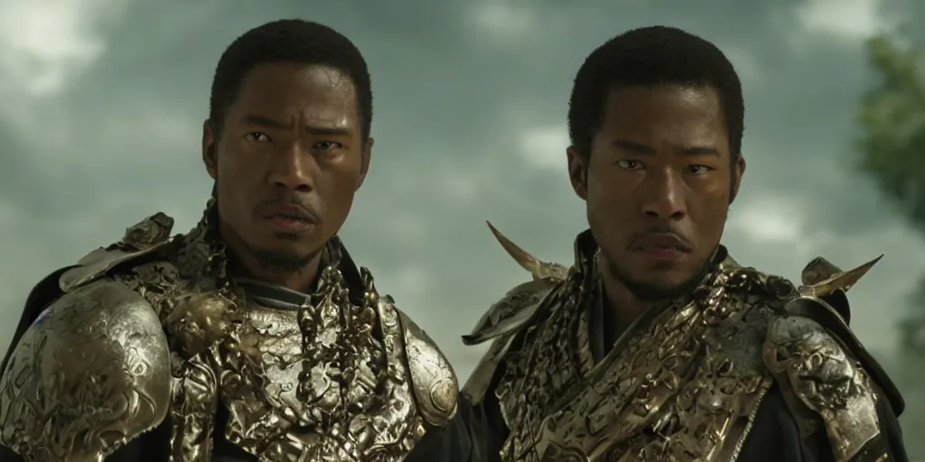 Image similar to a film still of a black man starring in a japanese blockbuster film as an evil samurai, shallow depth of field, cinematic, award winning cgi, vfx, film still