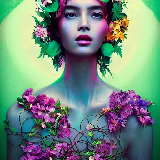 Image similar to colourful vfx art - portrait of arab woman wrapped in flowers & vines, art by hsiao - ron cheng & james jean - presented as magazine collage, volumetric light, colourful, sharp, detailed, digital painting, illustration, illustration, highly detailed, intricate detail, unreal engine, octae render, pinterest, behance, art station,