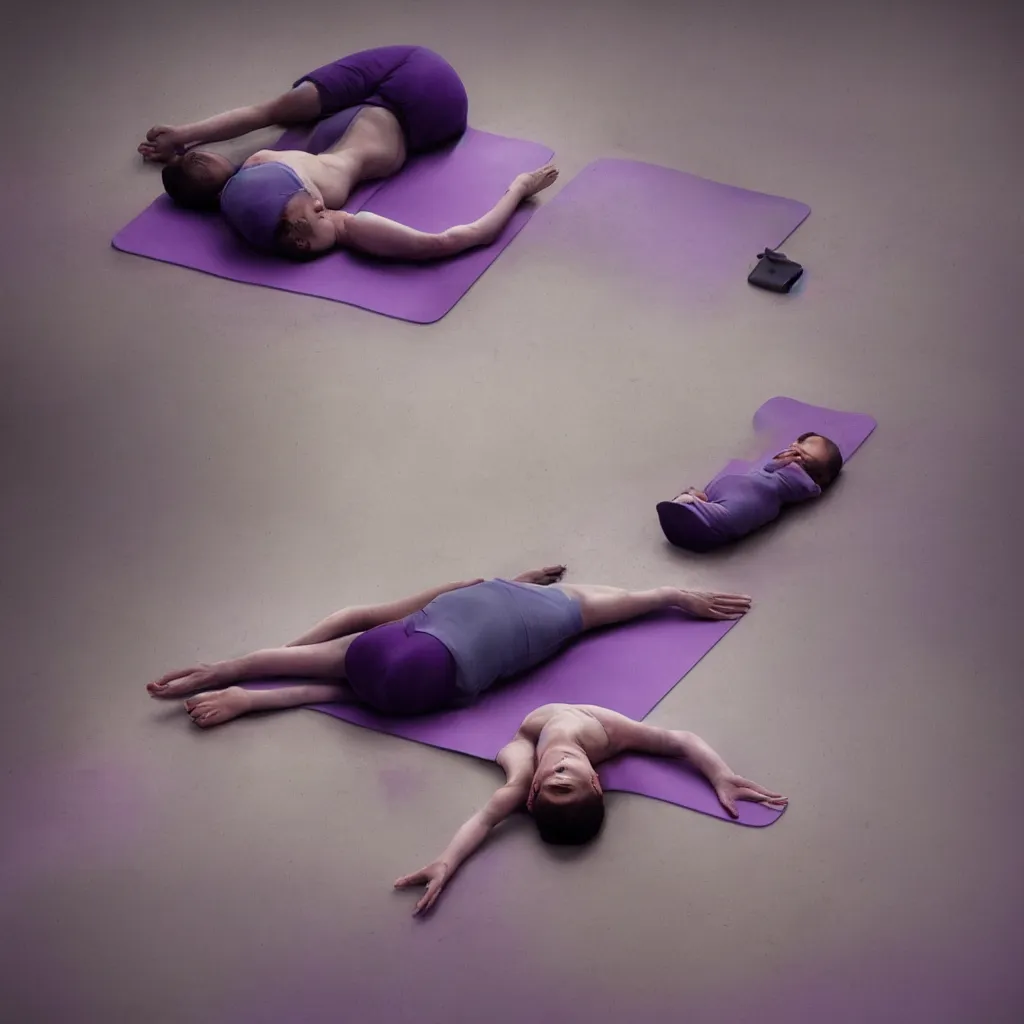 Image similar to cinestill of iridiscent oil with corpses connected by mess of ethernet cables and tubes to wax technical forms to a buried baby relaxing on yoga mat, faded, iridiscent gradient, purple fog, depth of field, blur, very detailed, by nadav kander and hans bellmer, 8 k, ultrarealistic, sad atmosphere, cinematic, 8 5 mm lens