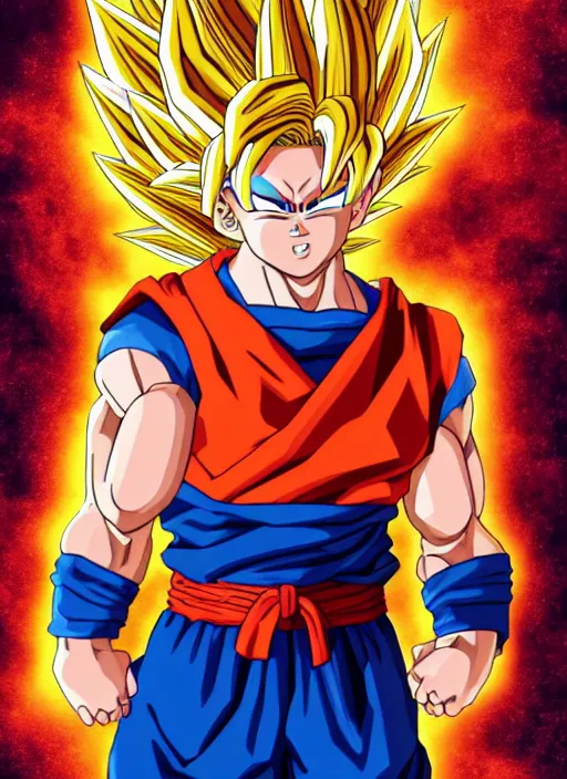 Image similar to a full portrait photo of super saiyan son goku, f / 2 2, 3 5 mm, 2 7 0 0 k, lighting, perfect faces, award winning photography.