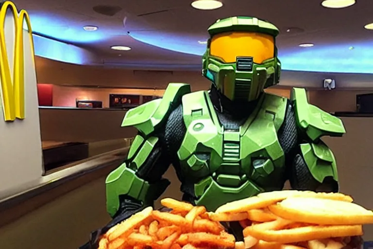 Image similar to master chief in mcdonalds